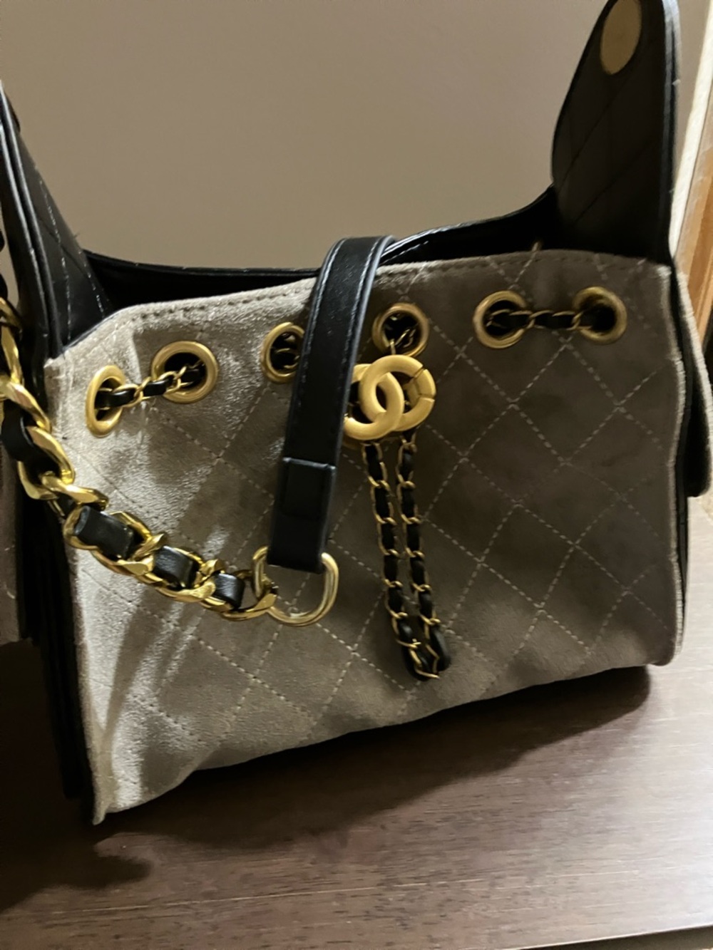 Beige Quilted Suede Shoulder Bag with Gold Chain Accents